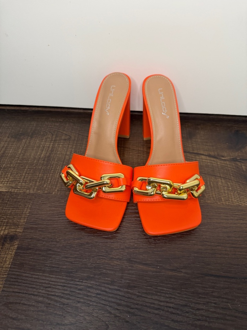 Bright Orange Chain-Link Block Heel Mules